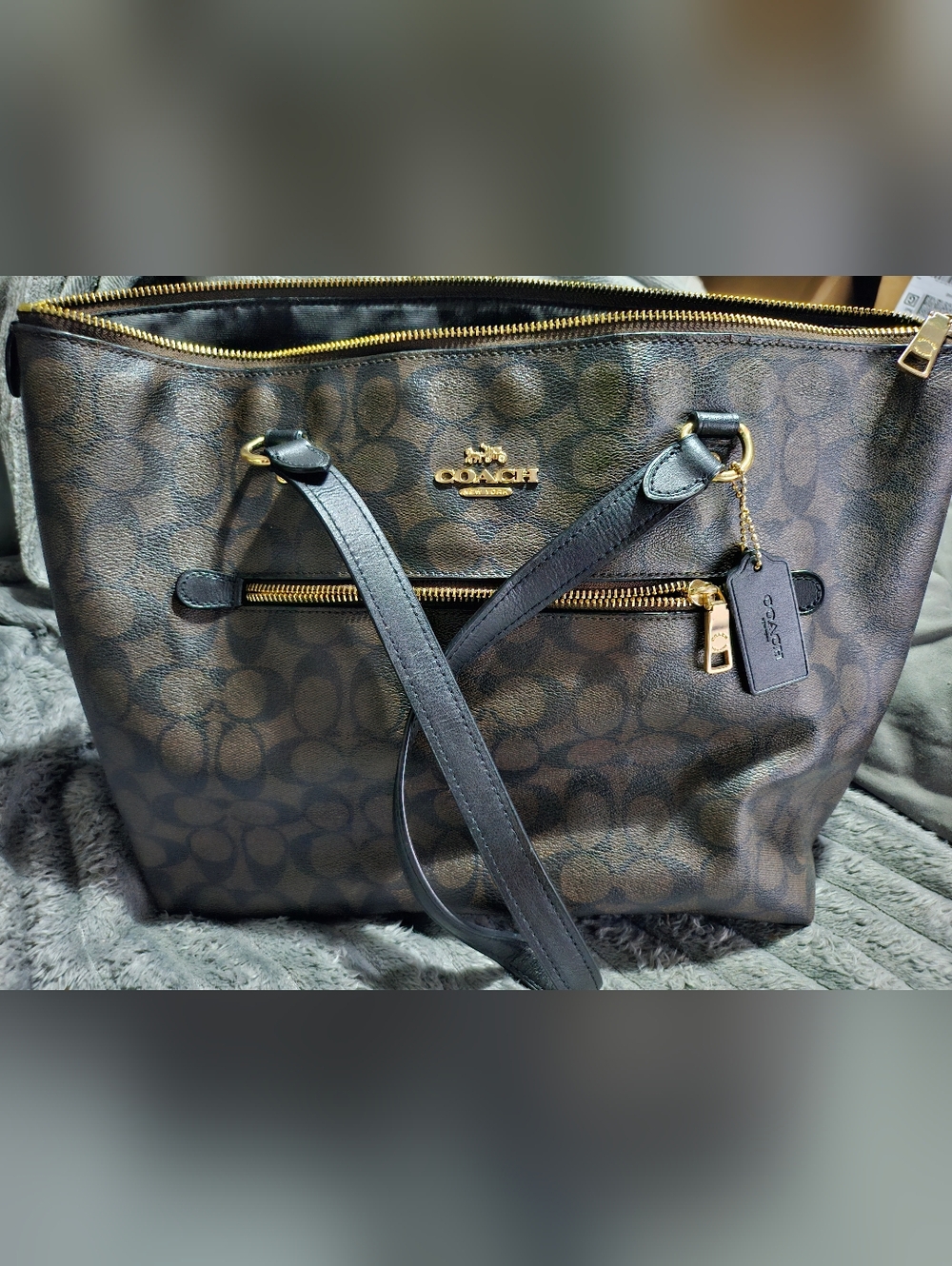 Coach Brown/Black Signature Patent Leather Tote Bag with Gold Hardware + Coa